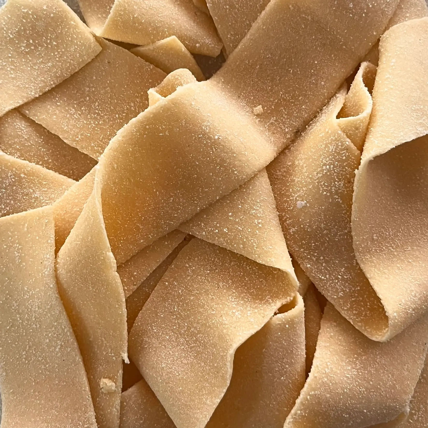 Sveže domače testenine pappardelle – široki trakovi jajčne testenine s hrapavo teksturo, primerni za goste omake.