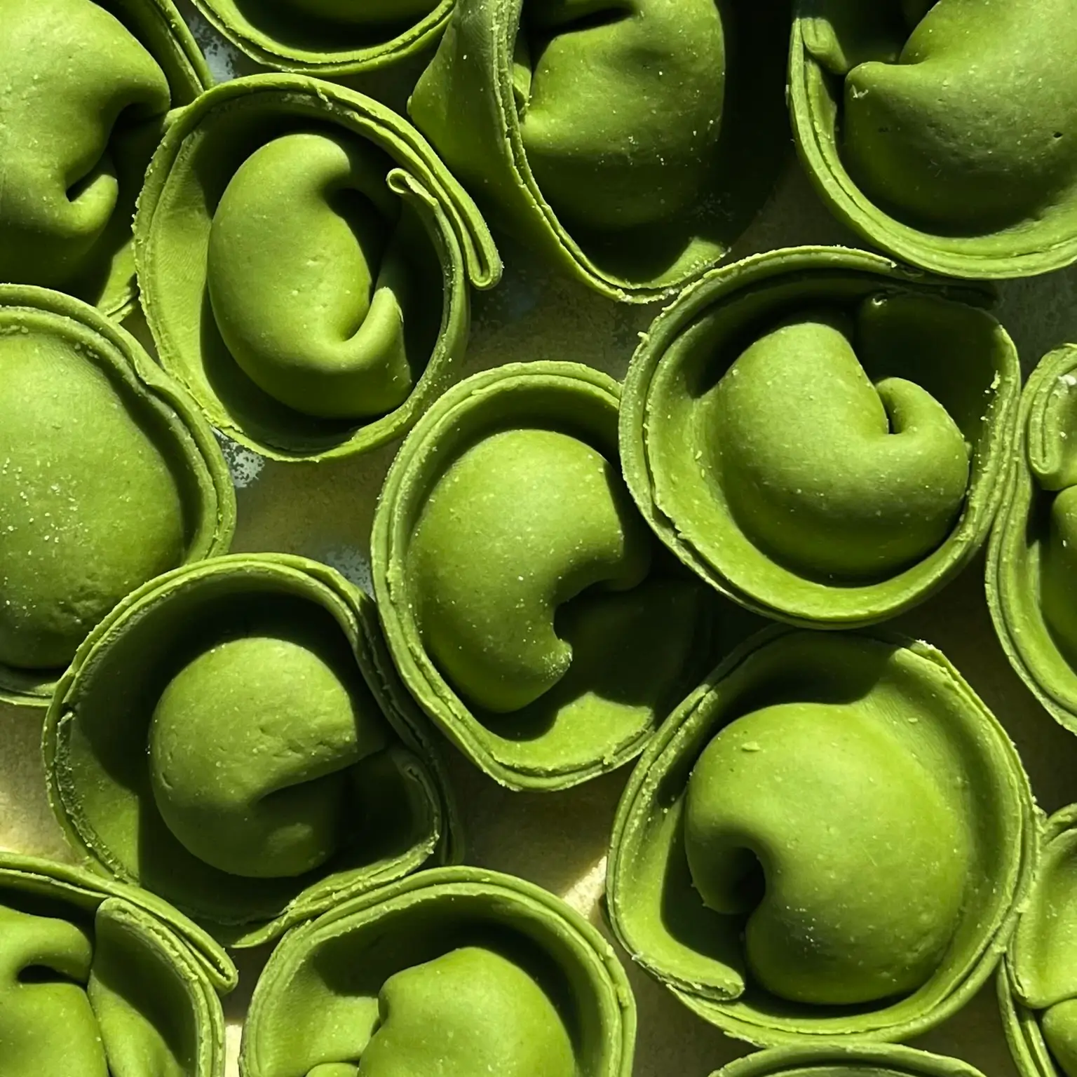 Sveži domači ravioli iz špinačnega testa, polnjeni s pečenim porom in parmezanom Grana Padano.
